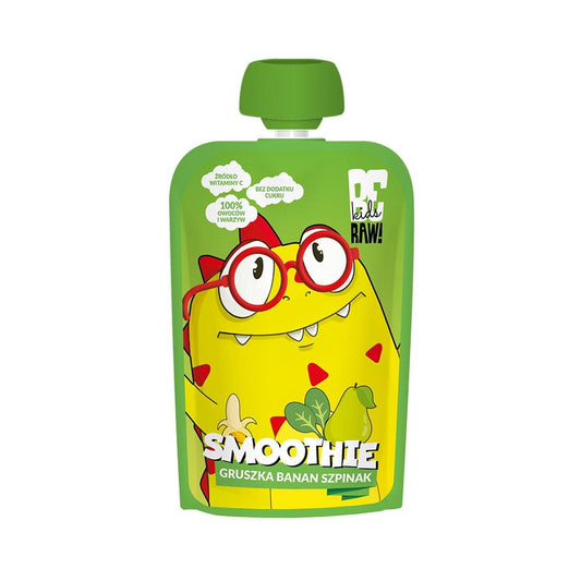 Frischer Birnen-Bananen-Spinat-Smoothie in 100 g Becher von PURELLA FOOD, grüner Smoothie mit Früchten und Spinat.