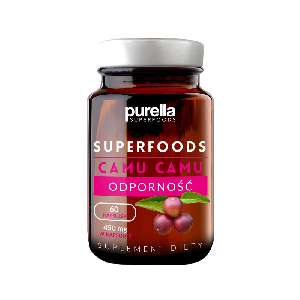 Superfoods Camu Camu Resistenz Kapseln von PURELLA FOOD, 60 Kapseln, Nahaufnahme der Packung und Kapseln.