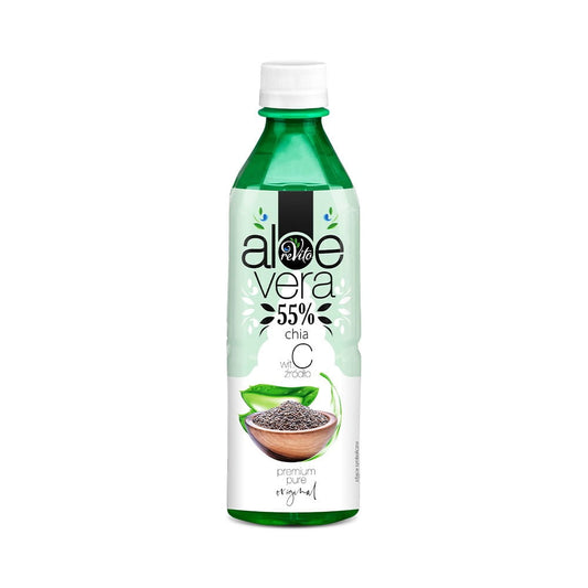 Aloe Vera Getränk mit Chia von REVITO in 500 ml Flasche, klarer Blick auf die Flasche vor einem weißen Hintergrund.