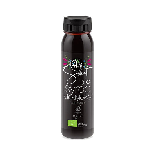 Bio Dattelsirup von REVITO in 250 ml Flasche, Nahaufnahme des dunklen Sirups in Glasflasche
