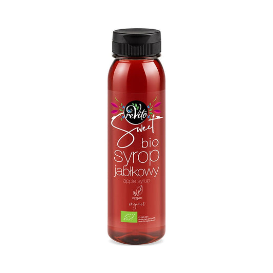 Bio Apfelsirup von REVITO in 250 ml Flasche, dunkelgoldene Farbe und glatte Textur, ideal zum Verfeinern von Getränken und Desserts.