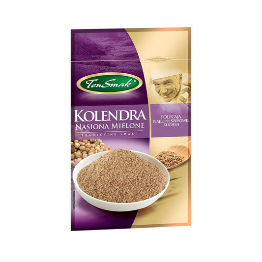 Gemahlenen Koriander von TEN SMAK in 15 g Packung, frisches Gewürz mit aromatischem Geschmack, Nahaufnahme der Gewürzpackung