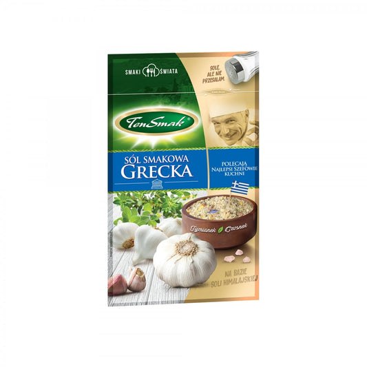 Griechisches Salz von TEN SMAK, 50 g, grobkörnig, ideal zum Würzen und Verfeinern von Gerichten, Nahaufnahme des Salzglases.