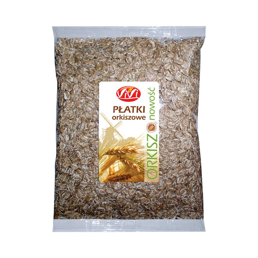 Dinkel Flocken in 200 g Packung von VIVI, Nahaufnahme, frische und gesunde Frühstücksflocken, weiche Textur, natürliche Zutaten