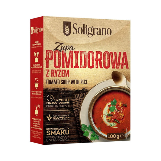 Tomatensuppe von SOLIGRANO in 100 g Verpackung, zeigt eine Schüssel mit frisch zubereiteter, roter Tomatensuppe auf einem Teller.