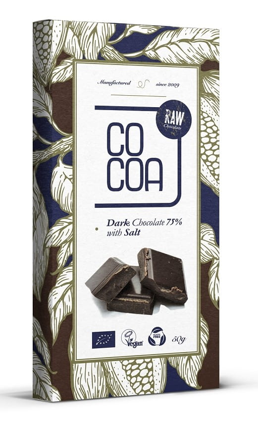 Dunkle BIO-Schokolade mit 75% Kakao und Salz, 50 g Verpackung, von der Marke COCOA, zeigt Schokoladentafel mit Salzkrümeln