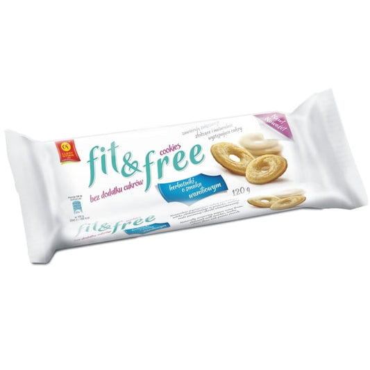 Vanillekekse von CUKRY NYSKIE, zuckerfreie Fit & Free Kekse in 120g, auf einem weißen Teller.