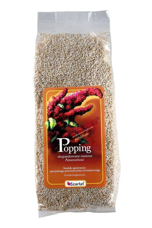 Amaranth-Popping von SZARŁAT, 150g, graue Verpackung, ungeöffnete Packung mit gepopptem Amaranth auf der Verpackung