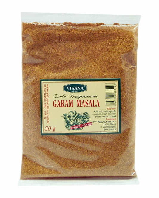 Garam Masala Gewürzmischung von VISANA, 50g, in einer transparenten Gewürzdose mit buntem Etikett, Nahaufnahme