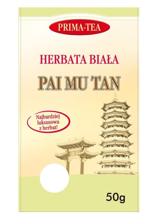 Weißer Pai Mu Tan Tee von PRIMA-TEA, 50g Packung, frischer grüner Tee mit zarten Blättern und Blüten.