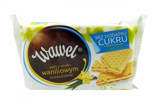 Zuckerfreie Vanillewaffeln von WAWEL, 110g, knusprige Waffeln mit Vanillegeschmack, auf weißem Hintergrund.