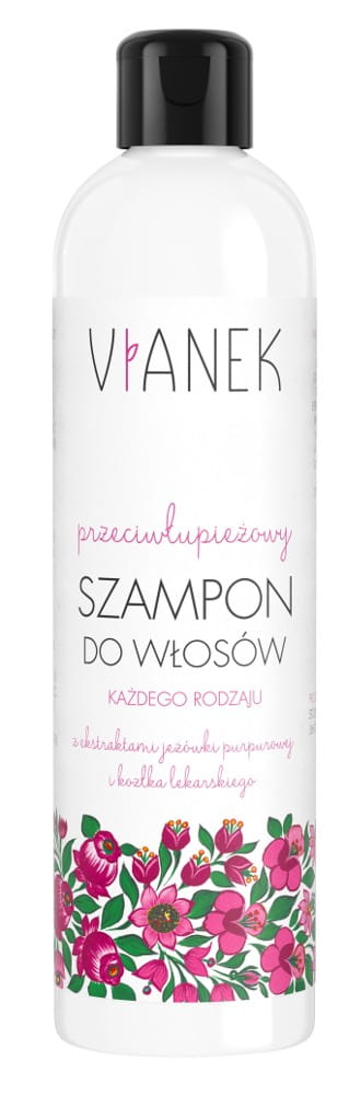 Anti-Schuppen-Shampoo von VIANEK für alle Haartypen, 300 ml, flüssige Textur in einer weißen Shampoo-Flasche.