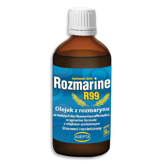 Rozmarine R99 30ml mit Rosmarinöl und Salbeiöl von ASEPTA, Flasche mit grünen Kräuterextrakten, Naturkosmetik.
