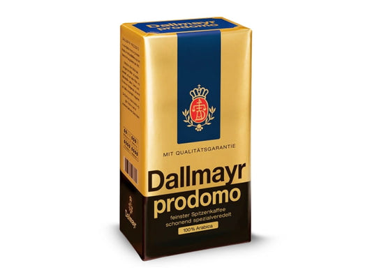 Gemahlener Kaffee DALLMAYR Prodomo 500g, frisch gemahlen in einer braunen Verpackung, ideal für Kaffeezubereitung zu Hause