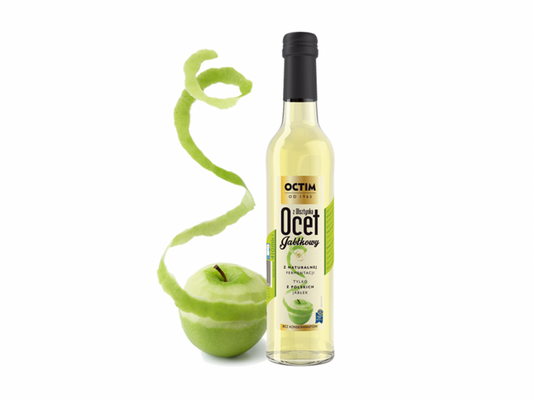 Apfelessig von OCTIM in 410 ml Flasche, klare Flüssigkeit mit Apfelaroma, ideal für Salate und gesunde Ernährung.