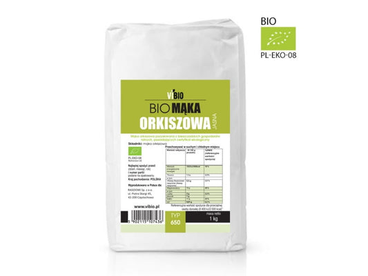 Helles BIO Dinkelmehl 650 von VIBIO, fein gemahlen, in einem weißen Mehlbeutel, ideal für Backwaren und Teige.