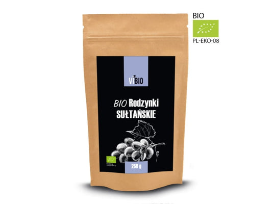 Bio Rosinen von VIBIO in 250g Verpackung, getrocknete, goldene Trauben, details der getrockneten Früchte sichtbar