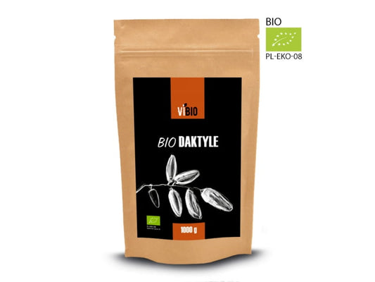 BIO Datteln von VIBIO, 1000g Packung, frische und saftige Datteln auf einem weißen Hintergrund sichtbar.