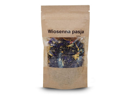 Frühlingstee Passion von VIVIO in 50g Packung, frischer Kräuter- und Fruchttee mit blumigem Aroma, Nahaufnahme der Teemischung