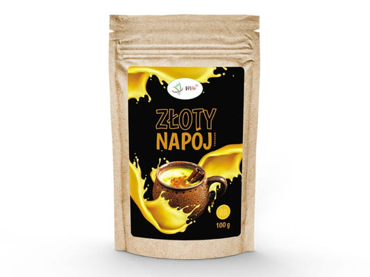 Goldenes Getränkepulver von VIVIO in 100g Packung, feines Pulver für erfrischende Getränke, geöffnete Verpackung mit Pulver.