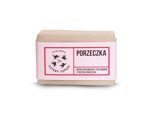 Johannisbeer-Peeling-Seife von Mydlarnia Cztery Szpaki, 110g, mit frischen Johannisbeer-Extrakten und Peeling-Partikeln.
