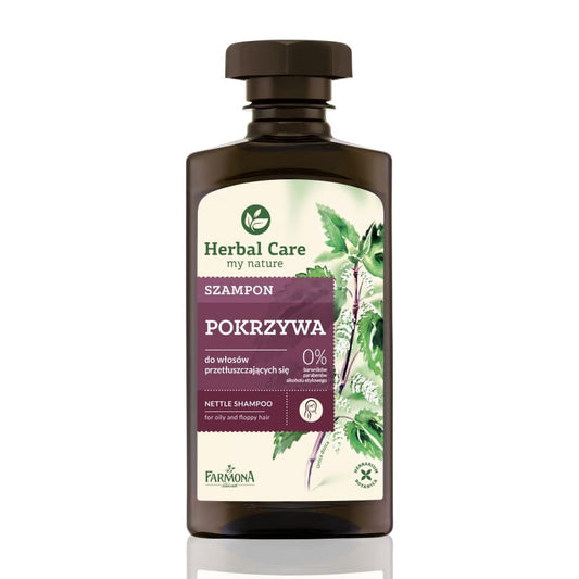 Brennnesselshampoo von Farmona in 330 ml Flasche, mit grüner Pflanze und Shampoo-Textur auf dem Bild.