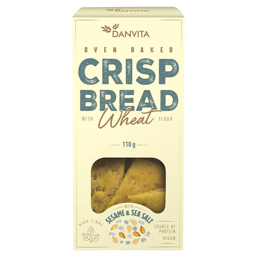 Weizencracker mit Sesam und Meersalz von DANVITA, knusprige Snacks in 110g Verpackung, mit Sesam bestreut und Meersalz.
