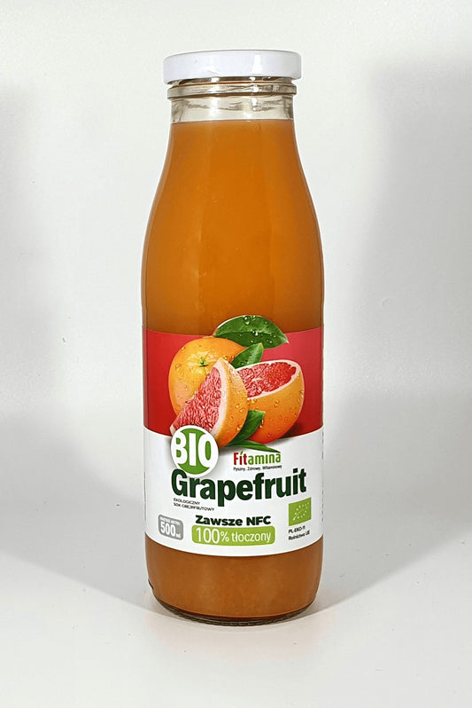 Bio Grapefruitsaft in 500ml Flasche von Vitafan, frisch und naturbelassen, zeigt die hellgelbe Flüssigkeit in der Flasche