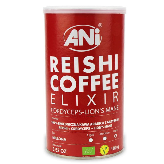 Gemahlener Bio-Arabica Kaffee von ANI mit Reishi-, Cordyceps- und Löwenmähne-Pilzen, 100 g, natürliche Superfood-Qualität