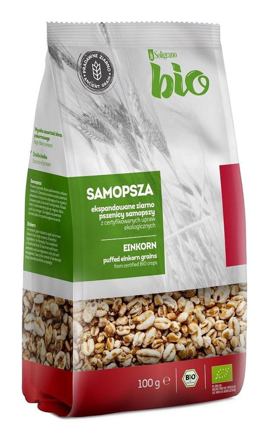 Expanierte Bio-Samopsza von SOLIGRANO, 100 g, in einer transparenten Schale, sichtbar mit goldener Farbe und knuspriger Textur.