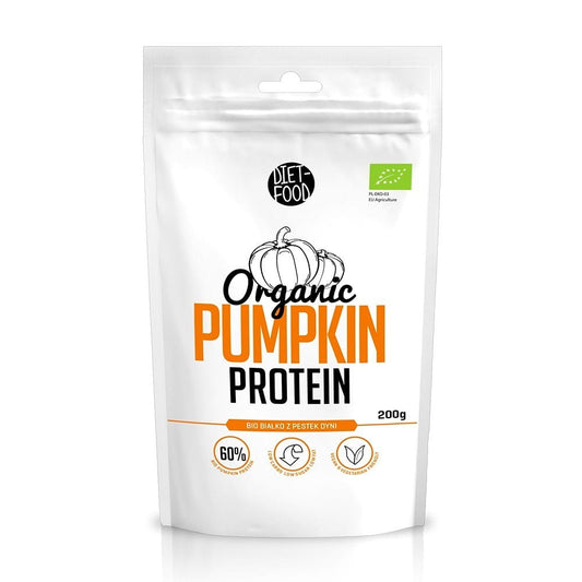 Bio Kürbiskernprotein von DIET FOOD in 200 g Packung, zeigt die grünen, gemahlenen Kürbiskerne auf der Verpackung