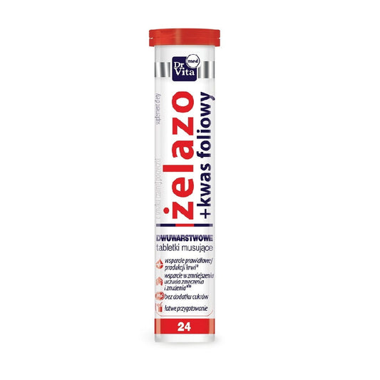 Brauseeisen 24 Tabletten von DrVita, zeigt die Packung mit 24 Brausetabletten für Eisenaufnahme.