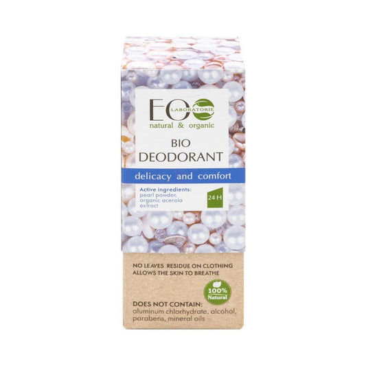 Bio Deodorant Milde und Komfort von Eco Laboratorie in 50 ml Flasche, zeigt das Produkt mit natürlicher Verpackung.