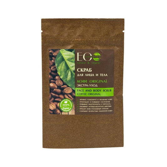 Natürliches Kaffee-Gesichts- und Körperpeeling von Eco Laboratorie in 40 g, sichtbare Peeling-Partikel und Verpackung.