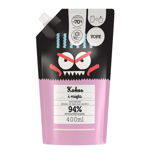 Kinderhandseife von Yope mit Kokos-Minz-Duft in 400 ml Flasche, zeigt die kindgerechte Verpackung und die Inhaltsstoffe.