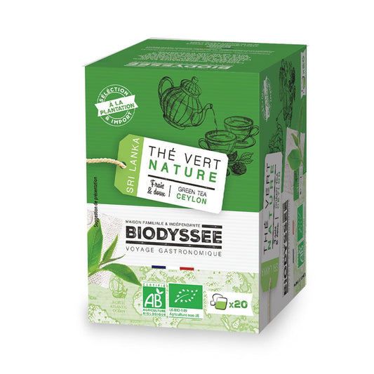 Grüner Ceylon Tee von Biodyssee, 20 Teebeutel à 2g, bio-zertifiziert, in einer Packung auf einem weißen Hintergrund.