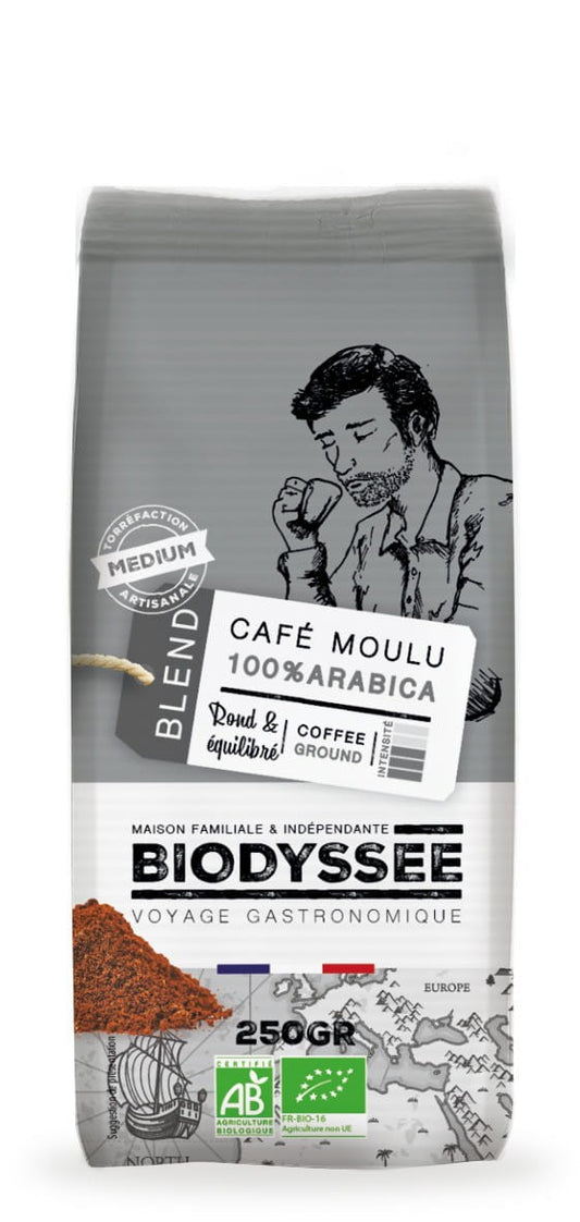 Gemahlener 100% Arabica Kaffee von Biodyssee, 250g Bio- und ECO-zertifiziert, fein gemahlen für Kaffeezubereitung