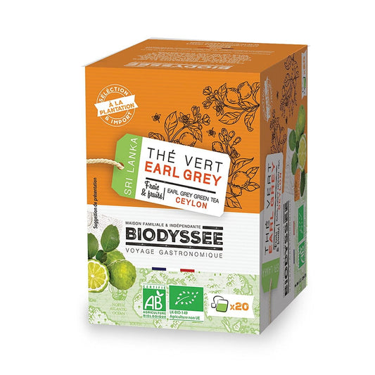 Bio-Earl Grey Ceylon grüner Tee in 20 Beuteln, Biodyssee, nachhaltige EKO-Qualität, aromatischer Kräutertee in Packung