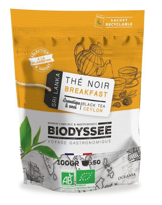 Ceylon Schwarzer Frühstückstee von Biodyssee in 100g Packung, biologisch und ökologisch angebaut, sichtbare Teeblätter in der Packung