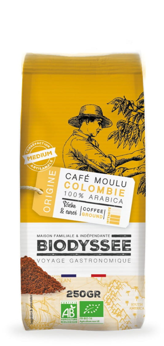 Gemahlener Bio-Kaffee 100% Arabica aus Kolumbien, 250g, umweltfreundlich verpackt, von Biodyssee.