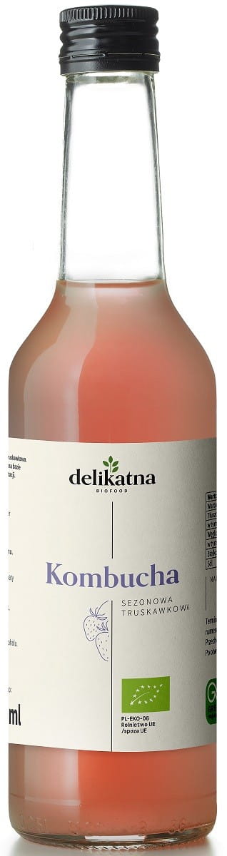 Bio Erdbeer-Kombucha von DELIKATNA in 330 ml Flasche, frisch und prickelnd mit rotem Erdbeergeschmack.