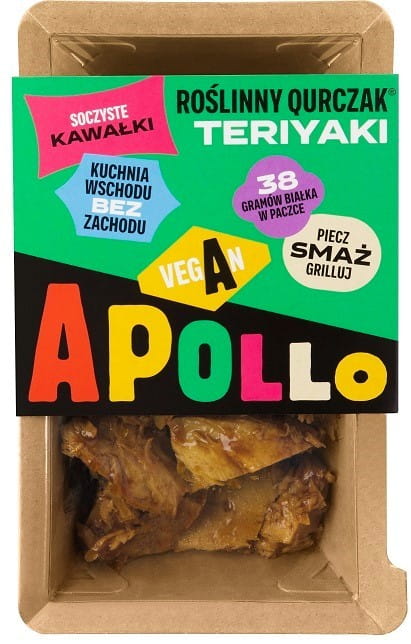 Gebratenes Gemüse-Teriyaki-Huhn von QURCZAK, 180 g, serviert auf einem Teller, mit frischem Gemüse und Teriyaki-Sauce.