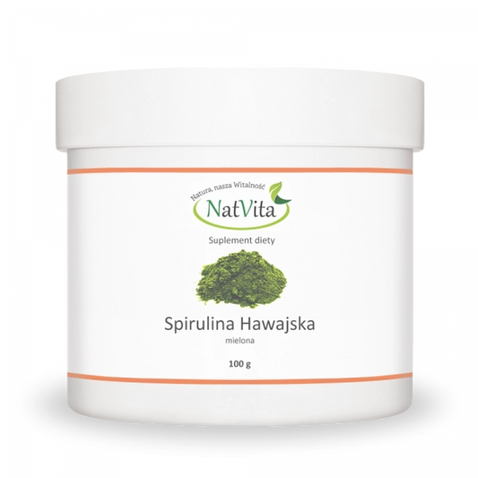 Hawaiianisches Spirulina-Pulver von NATVITA, 100g, feines grünliches Pulver in einer Verpackung.