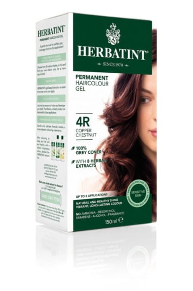 Gelfarbe HERBATINT Kupferkastanie 150 ml, cremige Haarfarbe in einem offenen Tiegel, zeigt die kupferbraune Farbe.