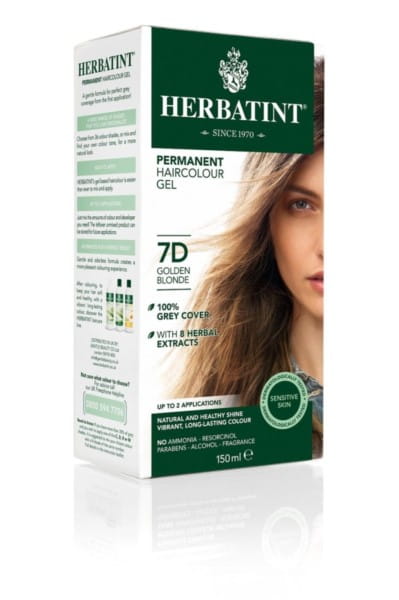Gelfarbe 7D Goldblond von HERBATINT, cremige Textur und goldener Farbton, für blondes Haar, im Flakon sichtbar