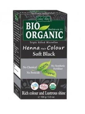 Milde schwarze EKO Haar-Henna von INDUS VALLEY, 100 g, natürliche Haarfarbe, cremige Textur, für gesundes, glänzendes Haar