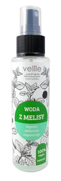 BIO Melissenwasser von Vellie Japan in einer 100 ml Flasche, zeigt die transparente Flüssigkeit und das Etikett.