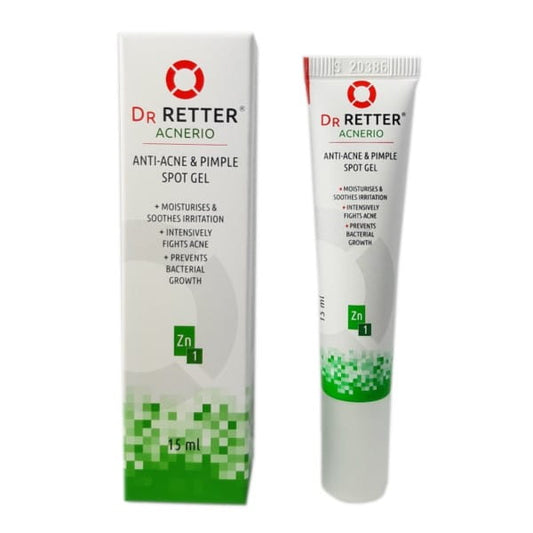 Aknerio Gel gegen Hautunreinheiten von DR RETTER, 15 ml, sichtbare Anwendung auf der Haut mit Akne- und Unreinheiten.