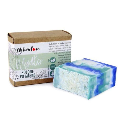 Männliche Salzseife von NATUROLOVE, 90 g, mit natürlichen Inhaltsstoffen, zeigt die Seife in ihrer Verpackung.