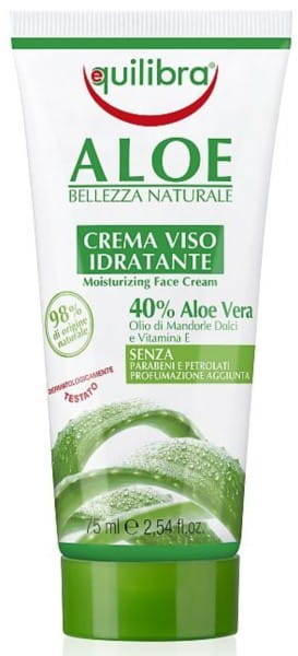 Aloe Gesichtscreme von EQUILIBRA in 75ml Tiegel, cremige Textur, ideal für feuchtigkeitsbedürftige Haut.